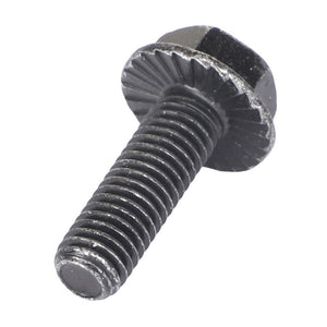 A close-up image of the AGCO HEXAGON FLANGE BOLT - AG330747, featuring a black bolt with a partially threaded body and a washer-like flange under the hexagonal head. No current product description information available.