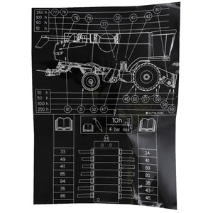 No current product description information is available for the AGCO | Decal, Right Hand - Acw0794740, which is a black poster featuring a technical diagram of a vehicle, maintenance schedule, and parts checklist with various numerical and symbol indicators.