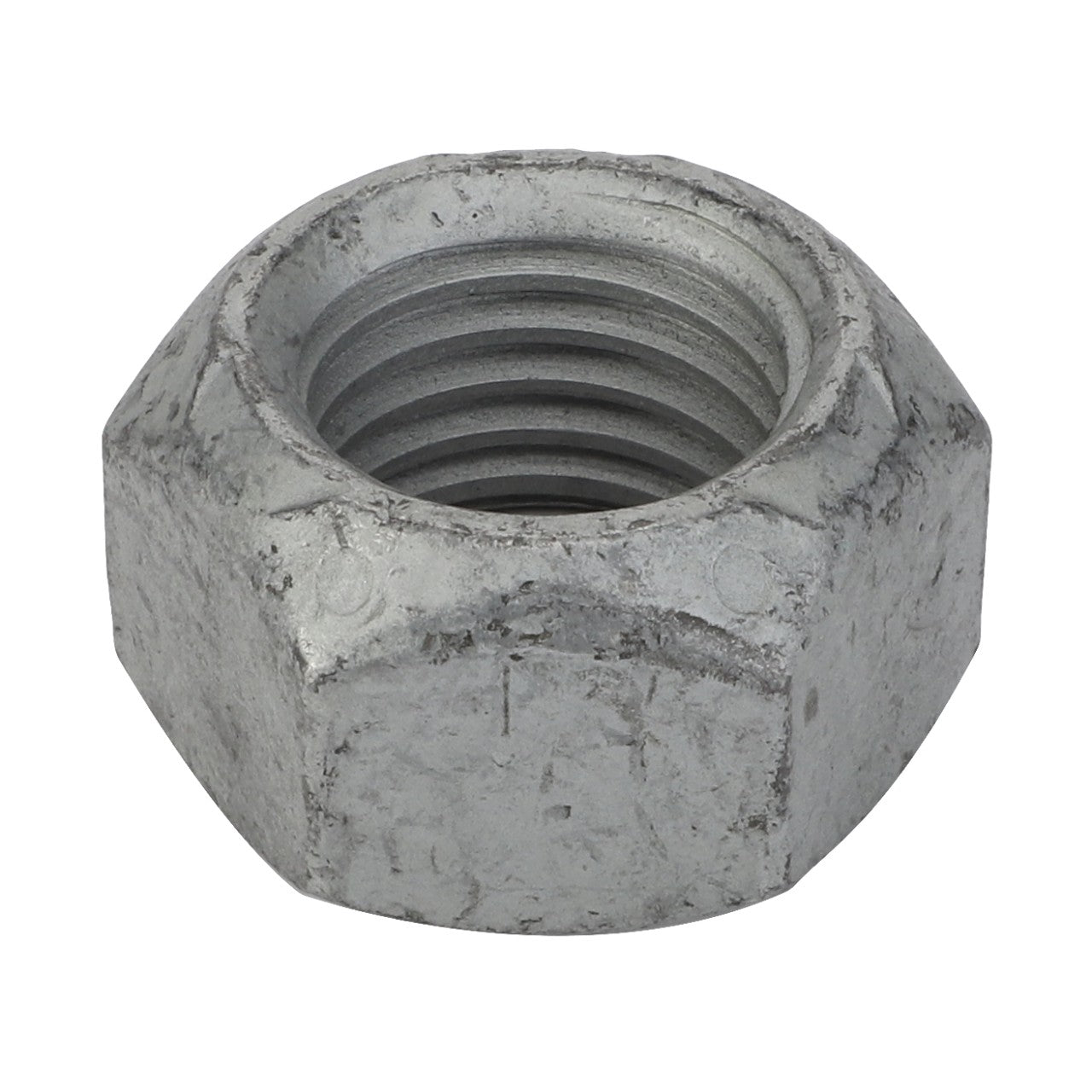 Close-up of the AGCO HEX LOCKNUT - CH6K-3632, a six-sided metal nut with visible threading and a slightly worn surface. It is silver in color.