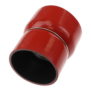 AGCO's Connector - Acw1934020 is a red, cylindrical silicone hose connector equipped with a secure metal clamp around the middle for enhanced stability.