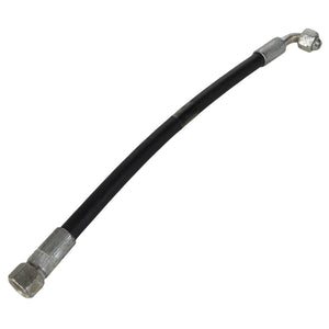 The AGCO | HYDR. HOSE - AL9030839 by AGCO is a black flexible hydraulic hose featuring metal fittings at both ends: one straight and one angled. Currently, there is no additional product description information available for further specifications.