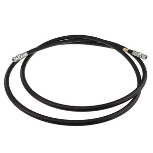 Image of the AGCO Hydraulic Hose - Acp0015930, a coiled black hose with silver connectors at both ends, placed against a white background.