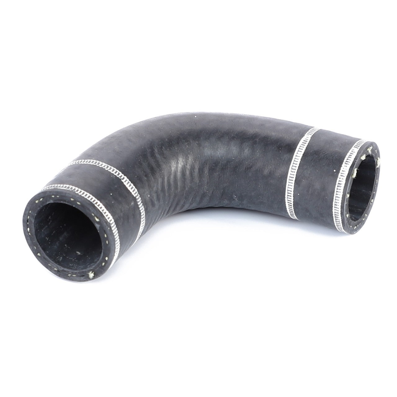 The AGCO Hose, For Coolant - Acw0101600 is a black, curved rubber hose that features two silver bands near each open end for reliable performance.