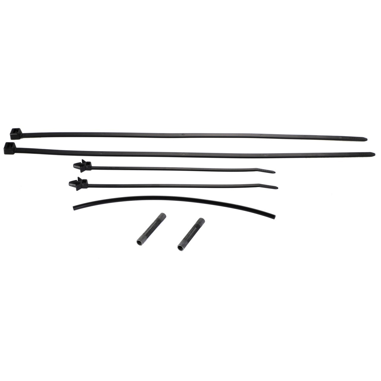 Several black cable ties and two small cylindrical items from the AGCO Small Parts Kit - F931502030210 are neatly arranged on a plain white background.