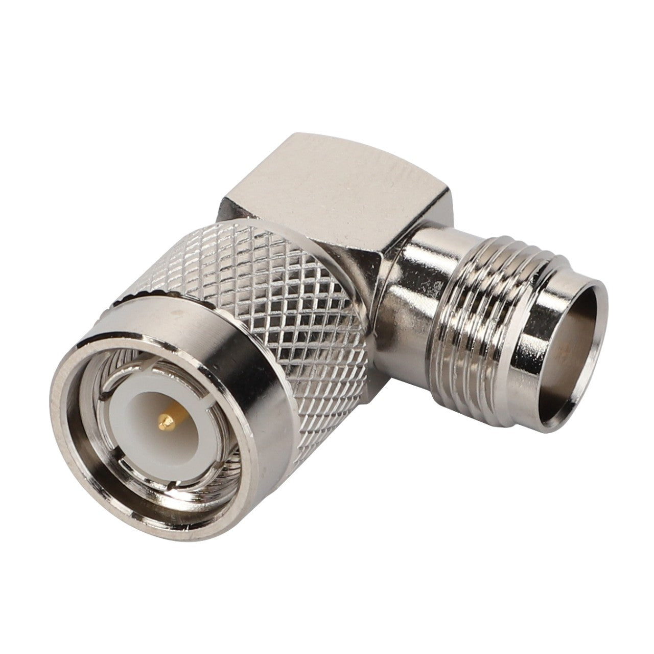 The AGCO Adapter Fitting - Acw4980860 is a right-angle coaxial RF connector that features a sturdy knurled grip.