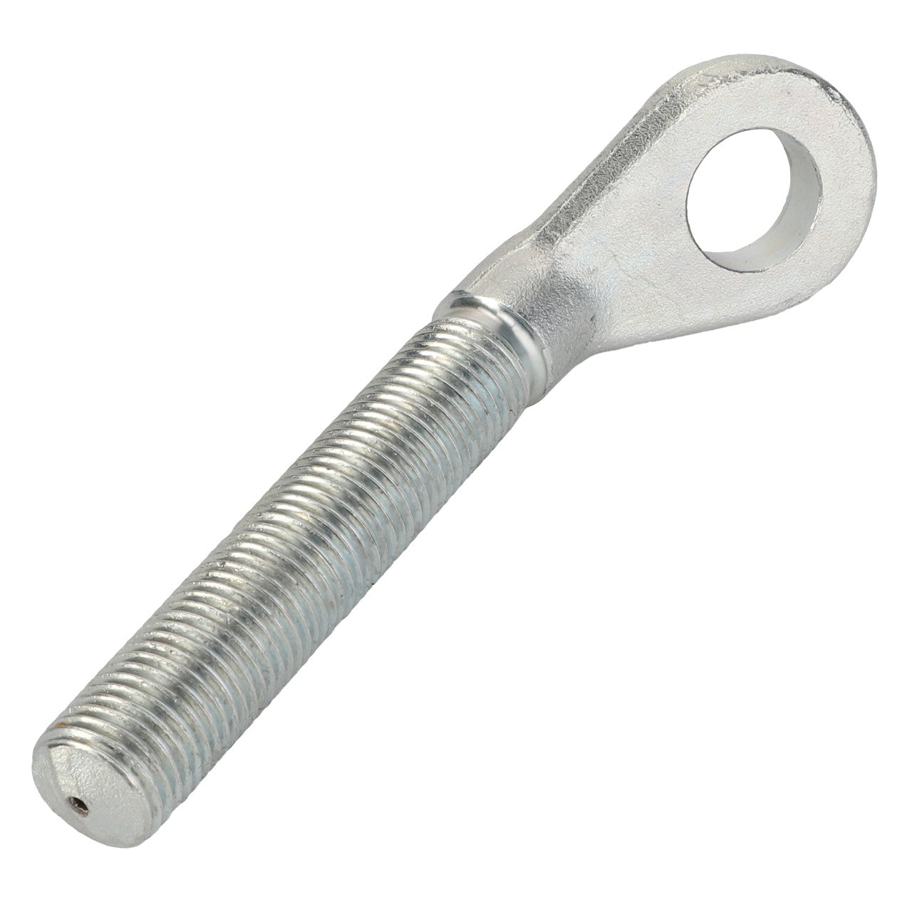 The AGCO Rod End - Acp0497980 is a metal threaded rod featuring a looped eyelet on one end, suitable for use in Massey Ferguson models like the MF 5709 S Dyna-4.