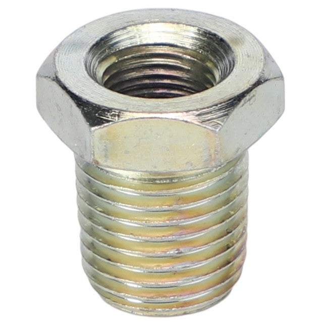 The product is an AGCO | REDUCER BUSH - AG558486, a metallic threaded hexagonal nut with a cylindrical base and uniform threading. No current product description information is available.