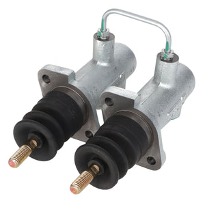 Two AGCO Brake Master Cylinders, each featuring black rubber boots, gold threaded rods, and an attached metal tube, enhance vehicle performance. Genuine AGCO Parts ensure top quality and reliability in every detail.