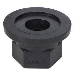 An AGCO black plastic tank fitting with a hexagonal base, labeled "BANJO," and featuring a central threaded hole. No product description provided for the AGCO | ADAPTER - AG057572.