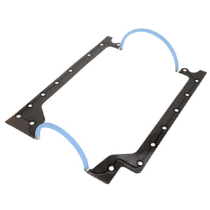 The AGCO Gasket Kit - Acp0347370 features a black rectangular gasket with blue semi-circular seals on both ends and is designed with multiple bolt holes around the perimeter for secure fastening.