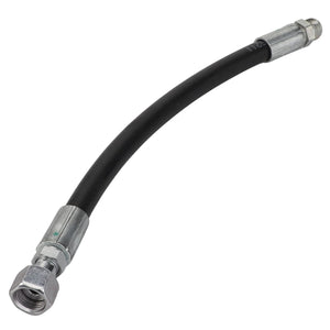 The AGCO Hydraulic Hose - Acx2505370, a flexible black rubber hose with metallic connectors on both ends—one end larger than the other—is designed for durability and efficiency.