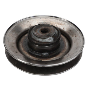 An AGCO | PULLEY - D28485390, a weathered, metallic pulley with a central hole and surrounding grooves, showing clear signs of wear and corrosion.