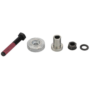 AGCO's meticulously assorted metal hardware items from their CARRIER line, featuring the F718501030040 model, include a bolt with red threadlocker, a large washer, a cylindrical spacer, a nut, and a small washer all lined up in a neat row.