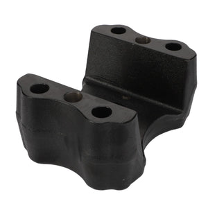 The AGCO Drawbar Clamp, Rear Hitch - F931502164110, is a black metal bracket engineered with four holes—two on each side—for mounting purposes, making it ideal for secure attachment within AGCO Parts linkage components.