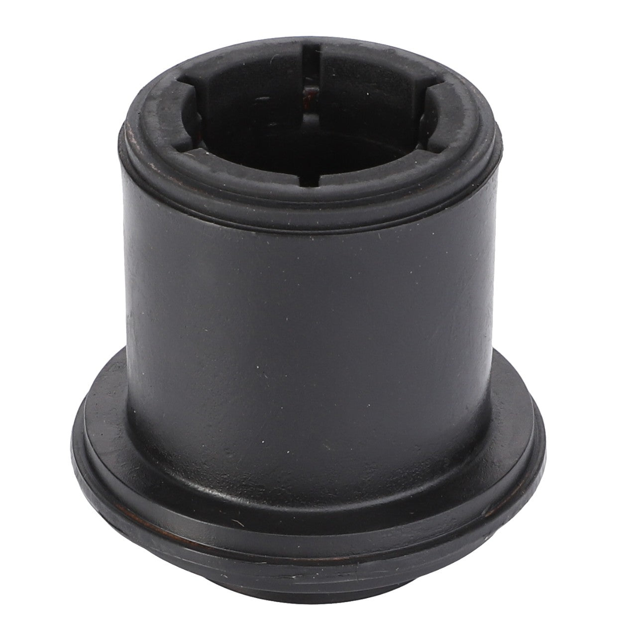 The AGCO Bushing - H916100630010 is a black plastic cylindrical component with a hollow center and a grooved design at the top, ideal for use as a bushing or spacer in mechanical assemblies, and particularly suited for Fendt Vario models.