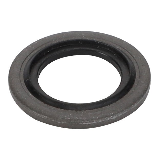 A close-up view of the AGCO Sealing Washer - Acp0603640, showcasing its round, flat, gray body with a prominent black inner ring.