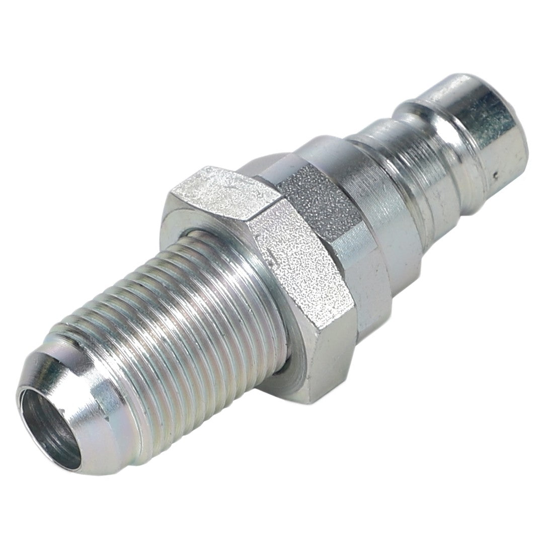 The AGCO | QUICK COUPLER - AL5044978 by AGCO is a metallic hose fitting featuring threads on one end and a hexagonal nut in the middle for easy tightening, compatible with quick couplers.