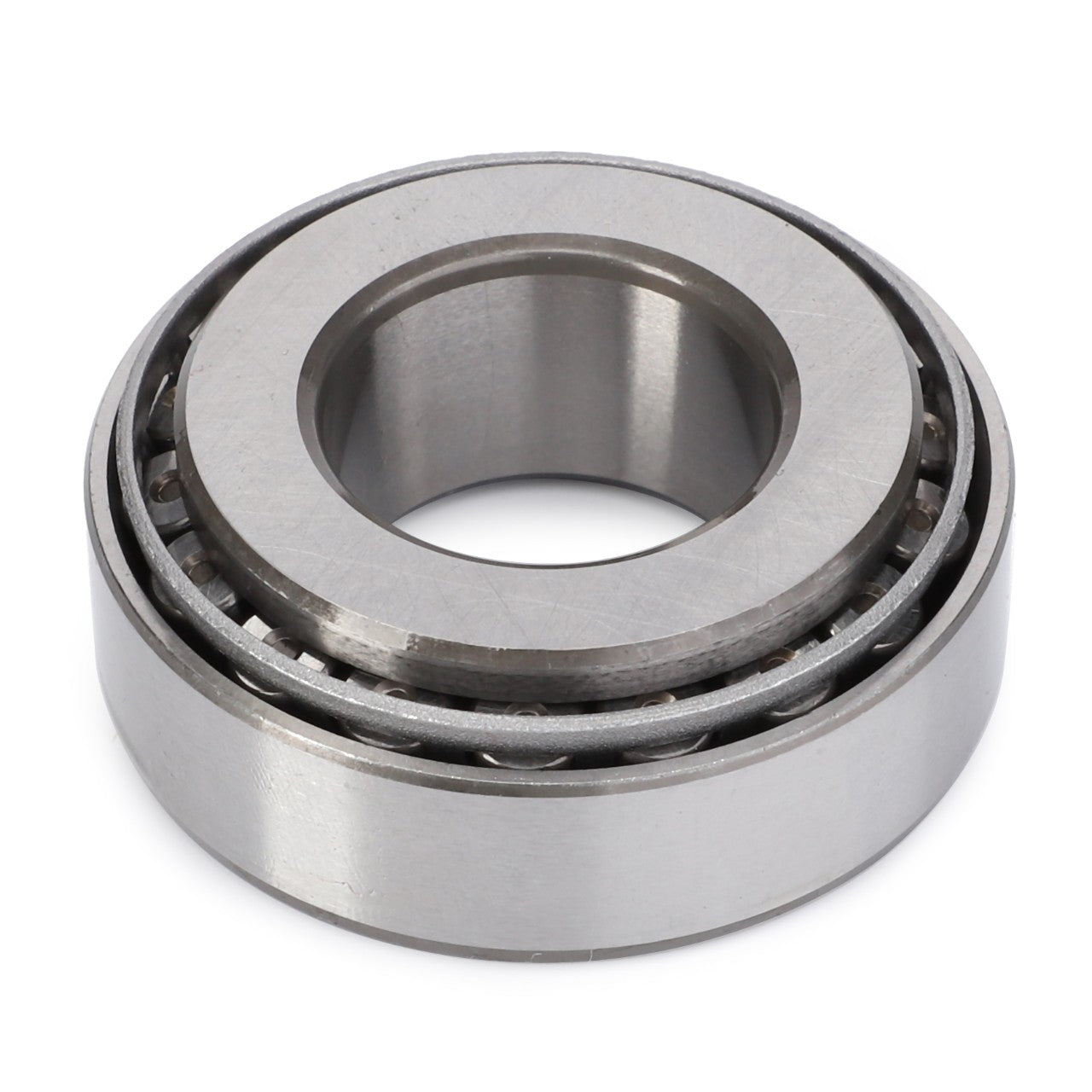 A close-up of the AGCO | Taper Roller Bearing - 9-1002-0033-3, featuring an inner and outer ring with a cylindrical shape and internal rolling elements, ideal for managing thrust loads.