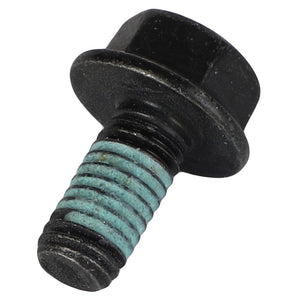 The AGCO | Hexagon Flange Bolt - Acw0920920 is a black bolt featuring a hexagonal head and blue thread sealant applied to the middle of the threaded section.