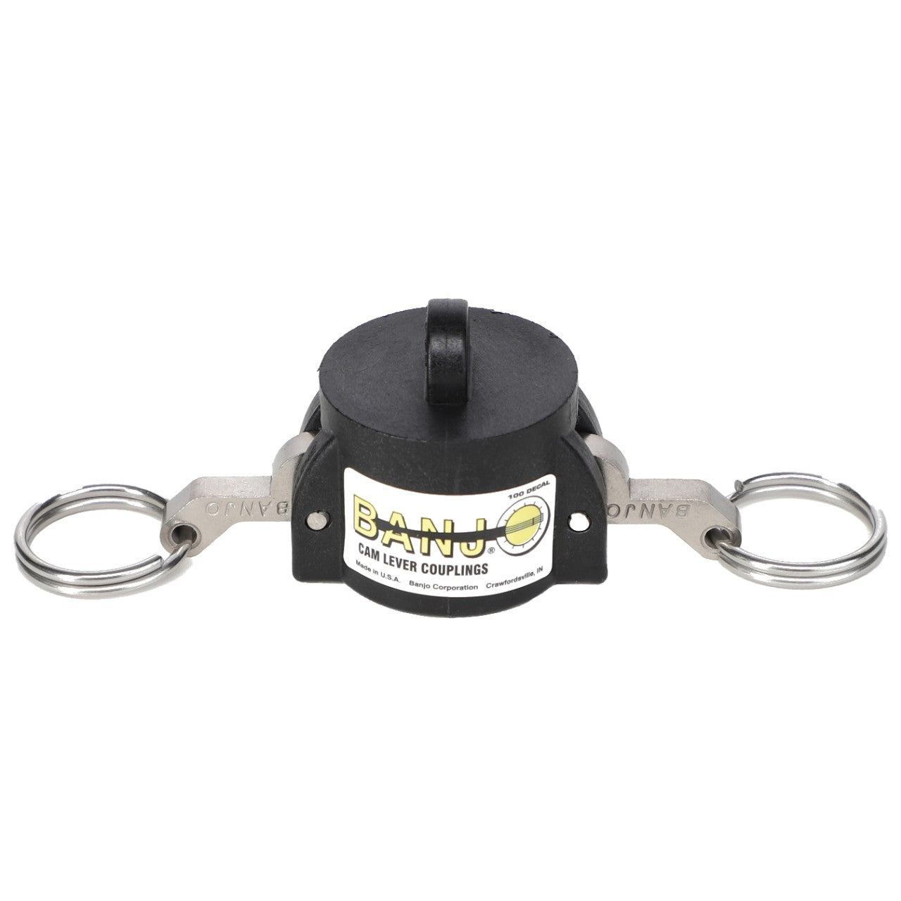 The AGCO | LEVER CAP - AG561035, a black plastic cam lever coupling featuring metallic handles and rings from the brand AGCO, serves as a reliable cap for male series adaptors.