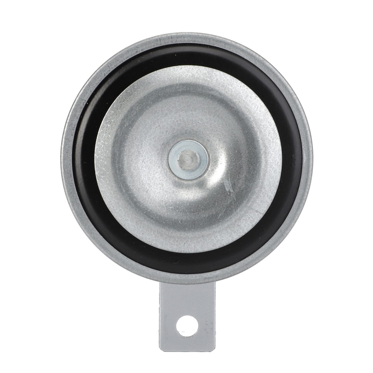 The AGCO Horn - 4355332M1, a metallic circular object with a small hole and tab at the bottom resembling a round bell or mechanical part, fits Massey Ferguson models seamlessly.