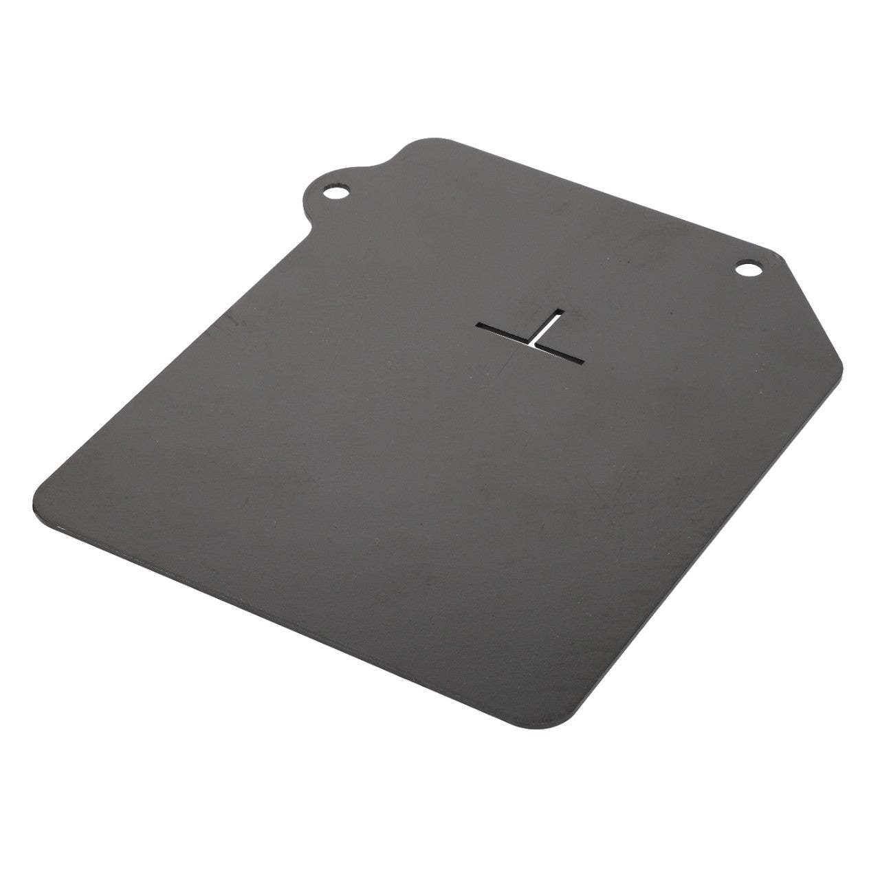 The AGCO | Fastening Plate - Acx2945890 is a rectangular, dark gray metal plate with rounded corners, a small protruding tab with a hole, and a centered cross-shaped cutout. No current product description information is available.