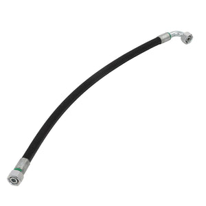 Introducing the AGCO | Hydraulic Hose - Acw9116180 by AGCO: a high-performance, abrasion-resistant black hydraulic hose equipped with metal fittings on both ends—one straight and one angled.