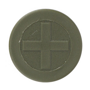 A green circular button with a raised plus sign in the center, mirroring the precision of AGCO's Vario controls, specifically noted in their Cap - 931962100010.