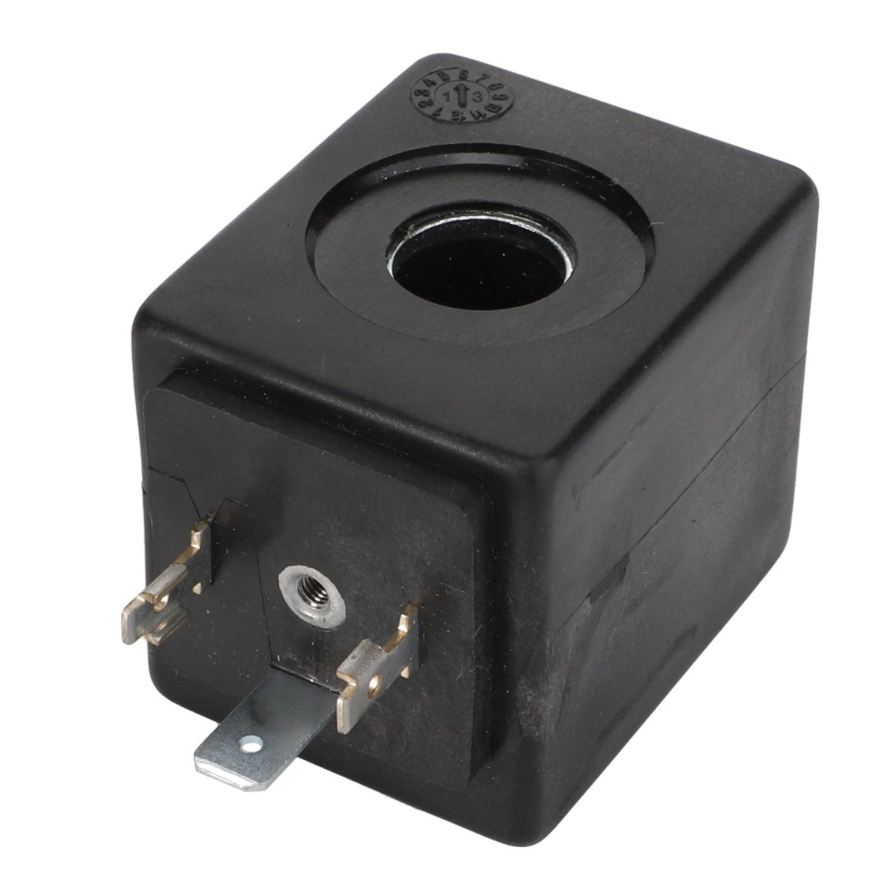 The AGCO Solenoid - D45120077 is a black electrical component featuring a circular hole in the center and three metal connectors on the side. No current product description information is available.