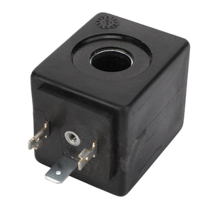 The AGCO Solenoid - D45120077 is a black electrical component featuring a circular hole in the center and three metal connectors on the side. No current product description information is available.