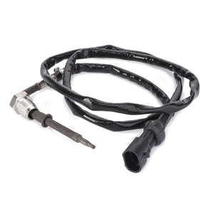 A black AGCO Temperature Sensor - Acw2167060 with connectors at both ends, coiled with protective insulation, compatible with Massey Ferguson models, isolated on a white background.