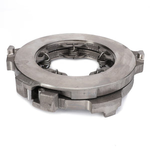 Product Description: Close-up of the AGCO | OPERATING DISC - F822100150010, a round metallic clutch pressure plate featuring visible springs and notches, designed for use in automotive transmissions. Produced by the reputable brand AGCO.