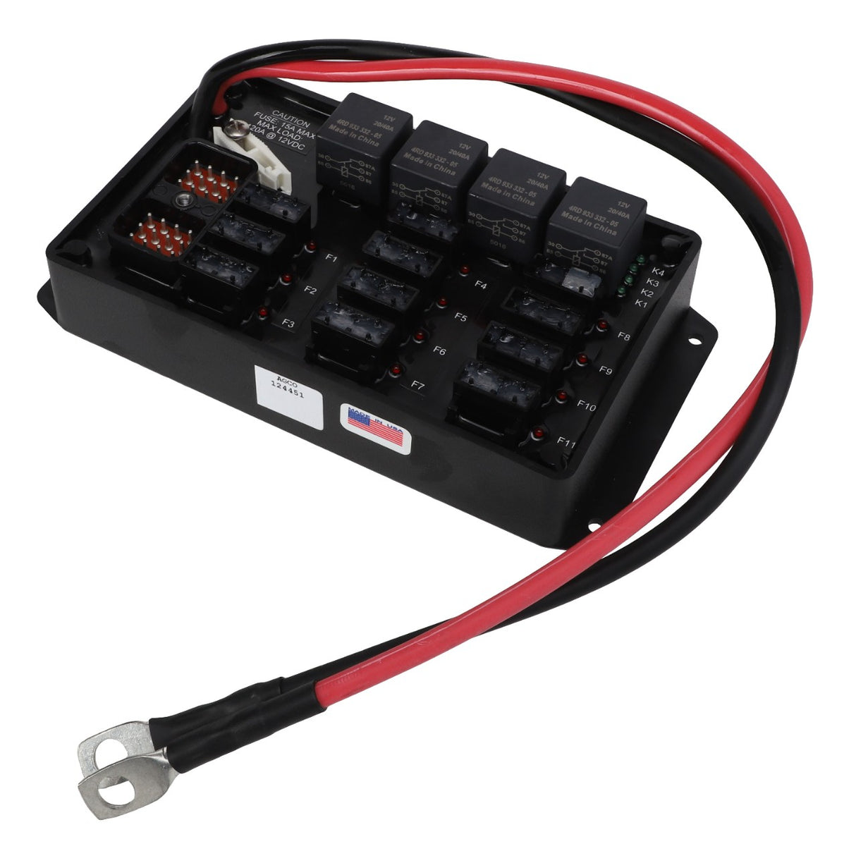 Image of the AGCO POWER DISTRIBUTION MODULE - AG124451, an automotive fuse box with multiple slots for fuses and relays, connected to red and black electrical wires with ring terminals.