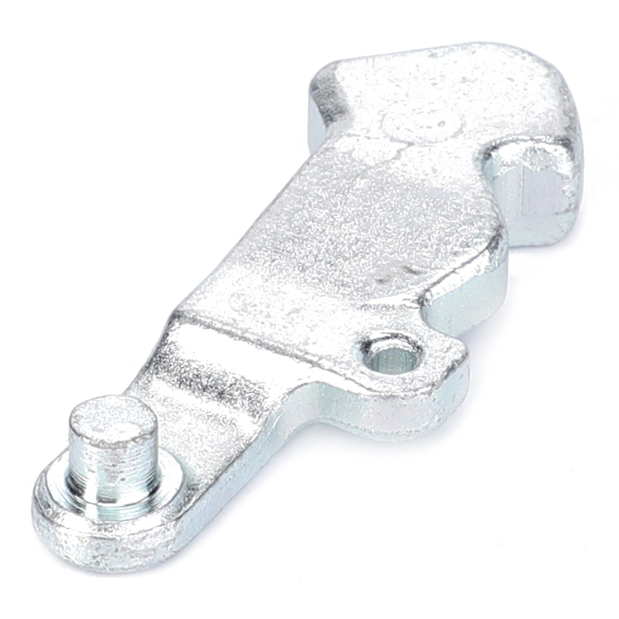 The AGCO Pawl, Hook Latch (F145873060010) is a metallic mechanical component with an irregular shape, typically found among hitch and linkage components. It features a small protruding bolt at one end and a hole near the middle.