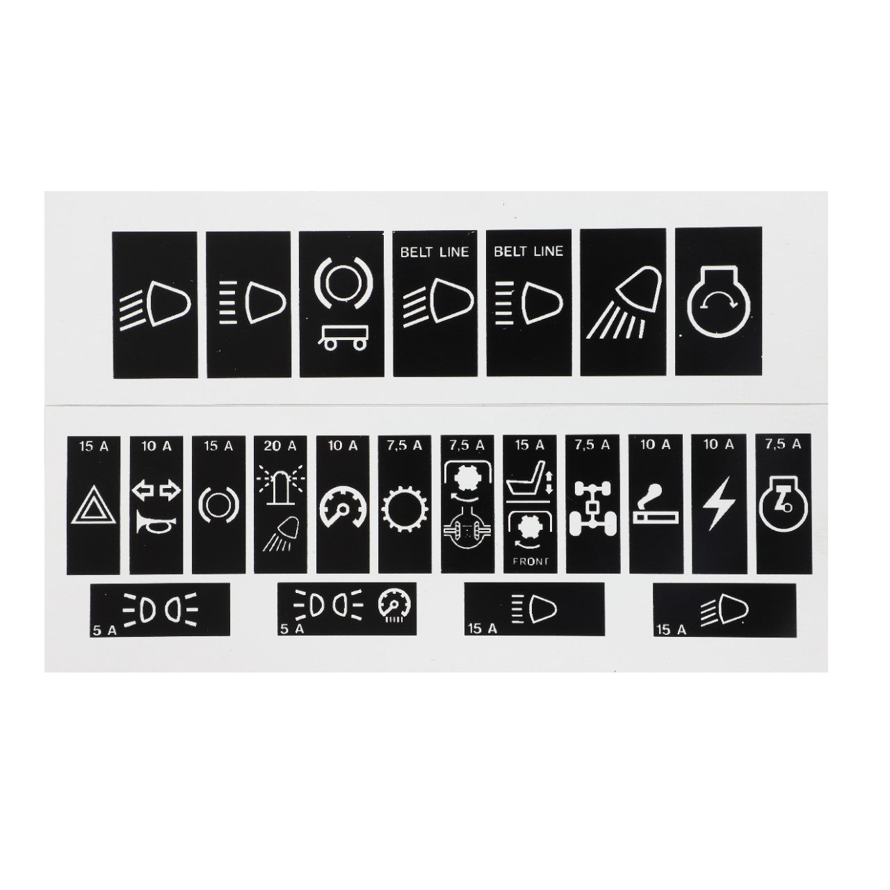 Image displaying the AGCO | Decal - Acp0424660, which features various automotive fuse labels on a black background with white symbols indicating different car functions such as headlights, horn, hazard lights, and air conditioning. This detailed pictorial guide from AGCO ensures easy identification of essential vehicle components for all drivers.