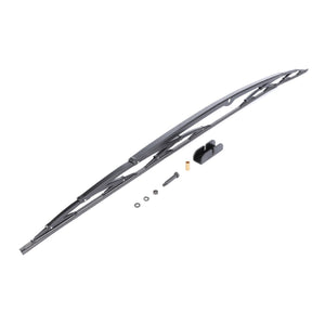 A windshield wiper blade alongside several small components including washers, a nut, and a bracket, all placed on a white background highlights the durability you can expect from the AGCO Wiper Blade - Windscreen (D45080049).