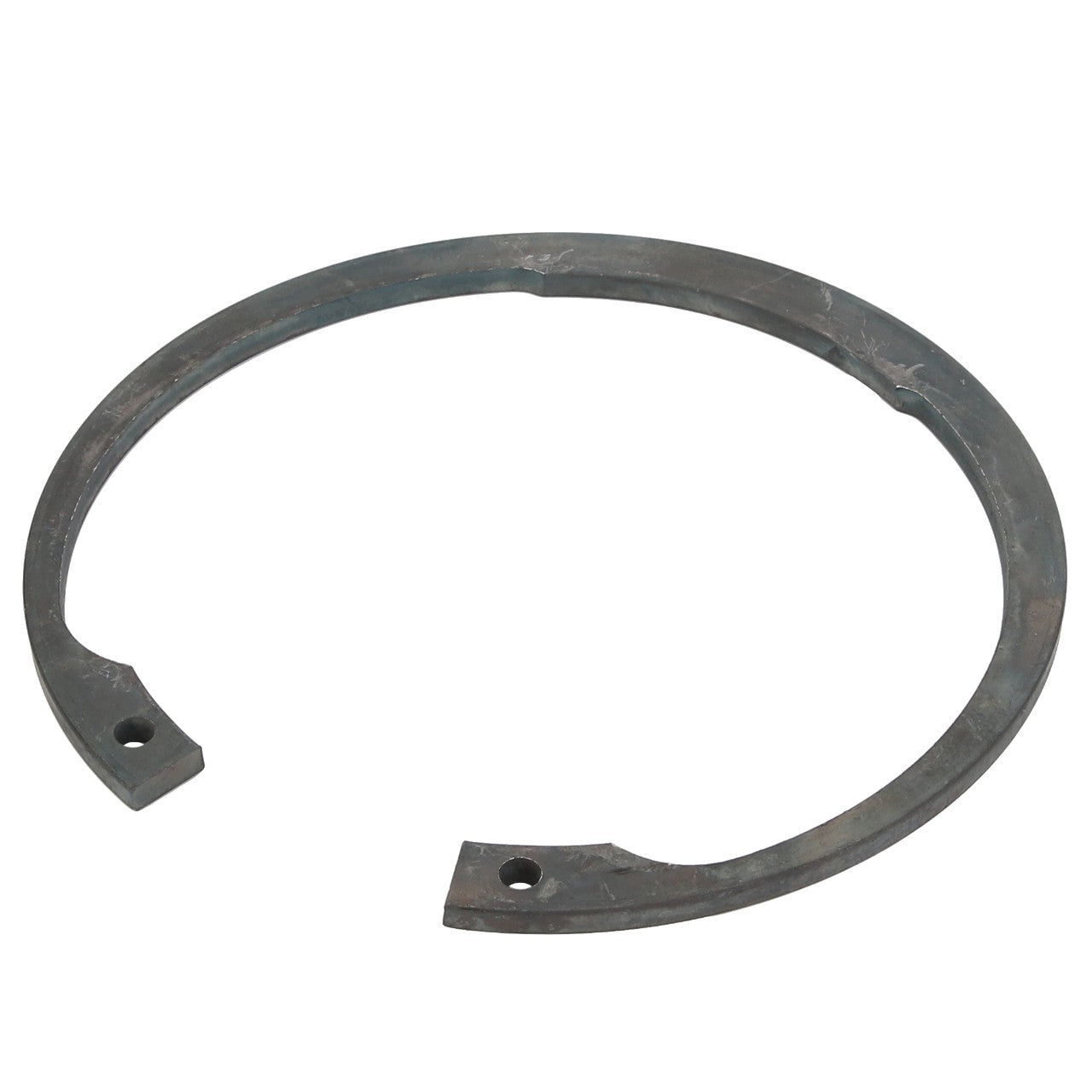 The AGCO CIRCLIP - D42516900 is a metal retaining ring featuring two small holes on opposite ends and a slightly uneven surface.