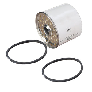 Featured is an AGCO | Fuel Filter Spin On - Acp0199940, a cylindrical metal filter with multiple holes and two rubber rings placed beside it. Unfortunately, no further product description is available.