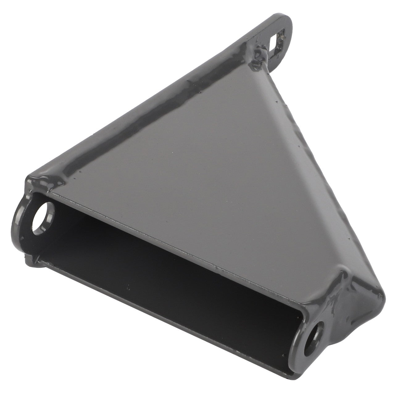 A glossy dark-colored metal triangular bracket with rounded edges and three holes. (Product Name: AGCO | Deflector - Acw3850200, Brand Name: AGCO)