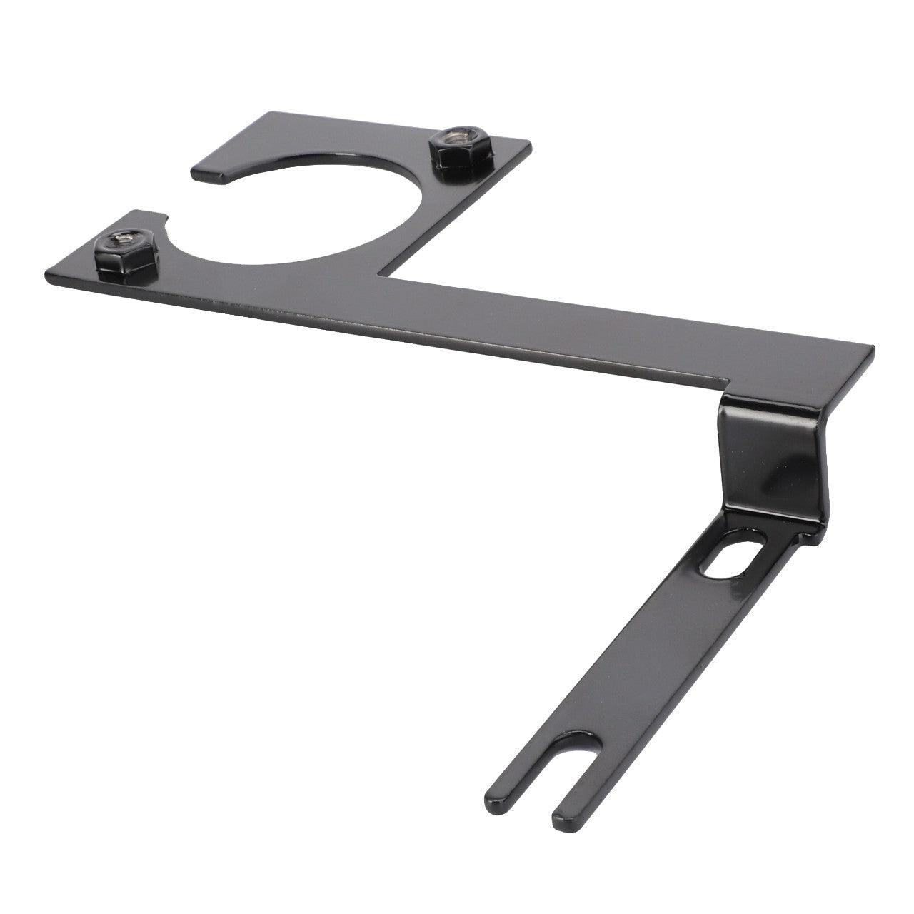 There is currently no product description information available for the AGCO | Bracket - Acw3759830 from AGCO, which features a black metal construction with two holes—one circular and one rectangular—and two protruding screws.