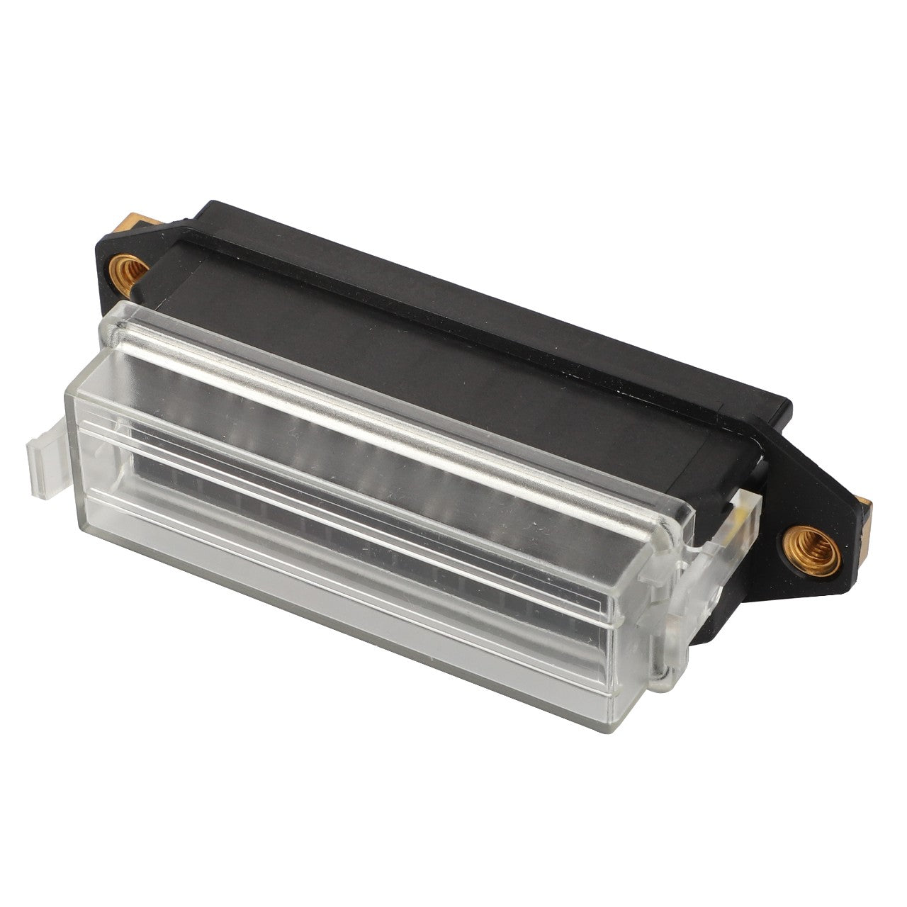 The AGCO | Fuse Holder - La322053450 is a sleek, clear rectangular plastic electronic component with black accents and metallic connectors on each side.