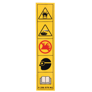 A yellow warning sign from AGCO (product name: Decal, Warning - 4296979M1) displaying four symbols: explosive, corrosive, flammable, and requirement for safety goggles. At the bottom, there is an icon indicating the requirement to read the instructions. This decal is ideal for placing alongside Massey Ferguson decals or agricultural machinery stickers to enhance safety visibility.