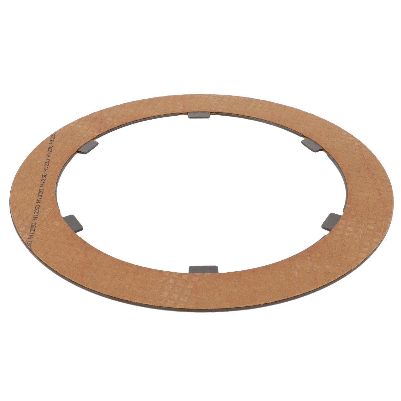 The AGCO Disc - 3790270M1 is a round, flat, metallic gasket with a brownish surface, featuring a textured pattern and small tabs around the inner edge, specifically designed for Massey Ferguson models.