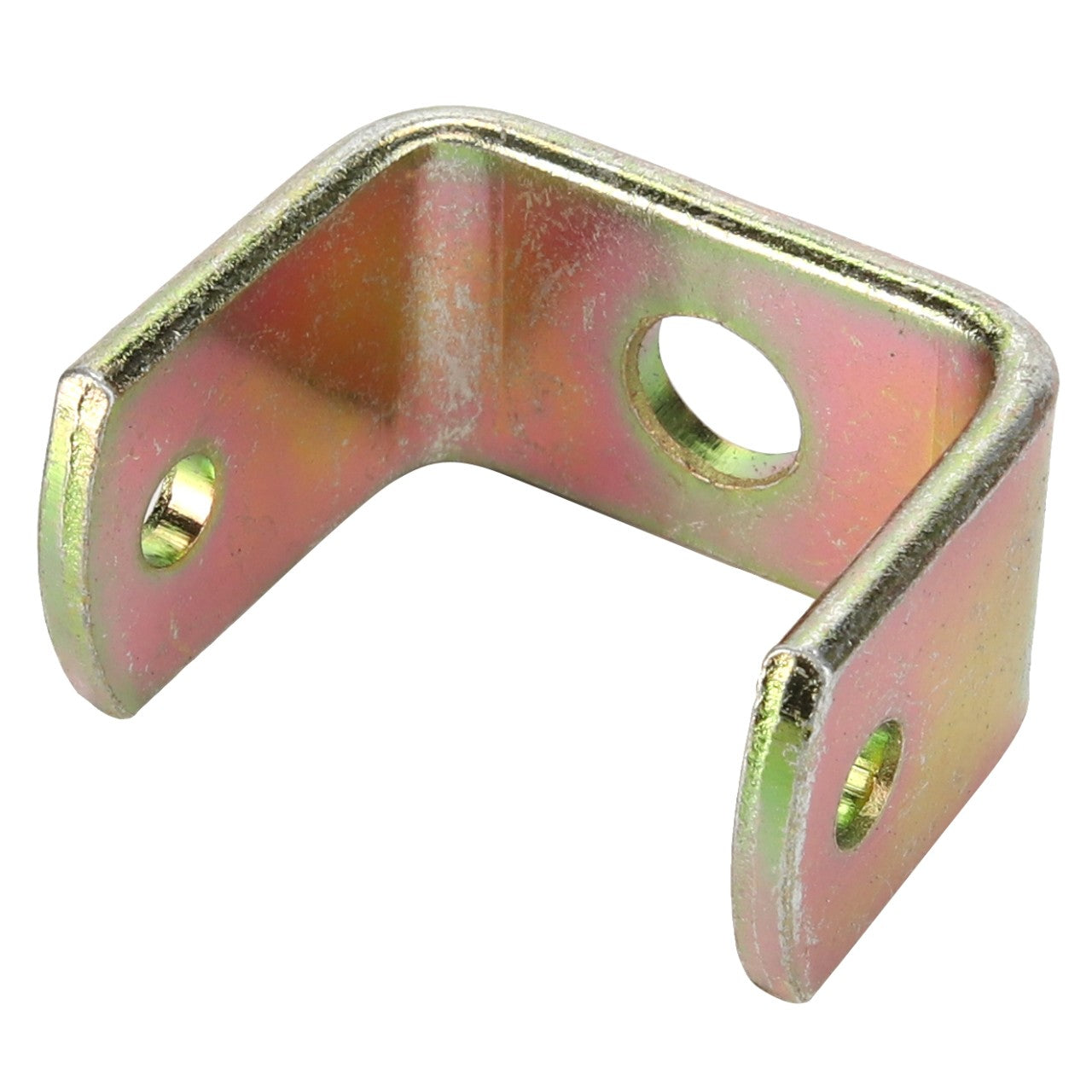 The AGCO | BRACKET - D28180969 from AGCO is a small, U-shaped metal bracket featuring three holes—strategically placed at each end and in the middle of the bend. Its slightly golden, galvanized finish not only enhances its durability but also adds a stylish touch.