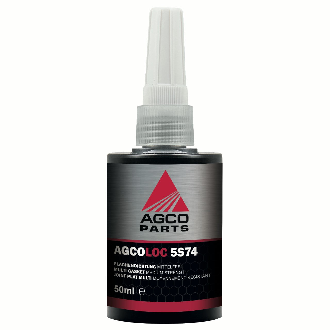 A 50ml bottle of AGCO | AGCOloc 5S74 Multi-Gasket - X991830110000, labeled as a medium-strength multi-gasket anaerobic adhesive from AGCO. The bottle features a pointed nozzle tip for precise application to bond and seal flanges effectively.