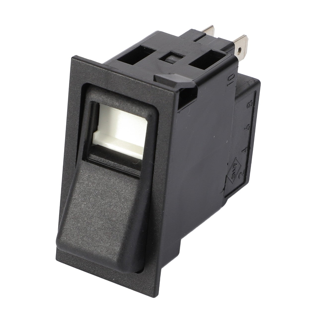 Introducing the AGCO | ROCKER SWITCH - V30944000, a black plastic rocker switch from AGCO featuring metal prongs on the back, specifically designed for electrical connections.