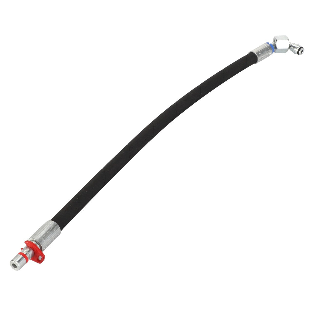 The AGCO Hose - Acw7358770, a flexible black hose from the AGCO brand, features durable metal connectors at both ends and a convenient red clip on one side, ensuring durability and ease of use.