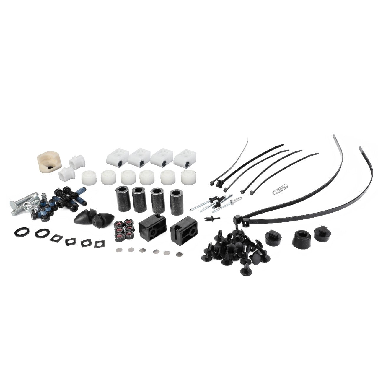 No current product description information is available for AGCO's assortment of hardware pieces, specifically the WEAR PART - F737812330200, which includes screws, nuts, bolts, washers, plastic clips, wire ties, and small metal brackets arranged on a white background.