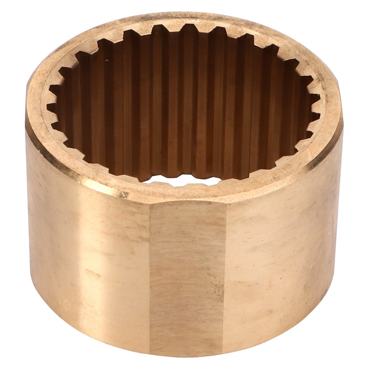 The AGCO | Bronze Bush - La322067950 is a cylindrical, brass-colored metal gear bushing featuring internal grooves. No current product description information is available.