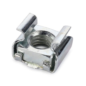 The AGCO | Nut - La320466350 by AGCO is a square metal cage nut featuring a threaded hole in the center and two spring clip tabs on either side, specifically designed for secure mounting in server racks.